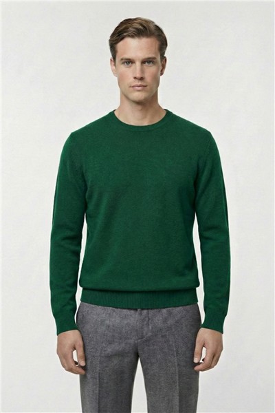 Yeşil Standart Fit Yün Karışımlı Bisiklet Yaka Düz Erkek Triko Kazak