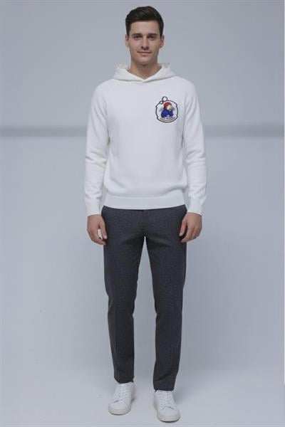 Giotelli Erkek Beyaz Normal Kesim Regular Fit Pamuklu Örme Kapüşonlu Sweatshirt