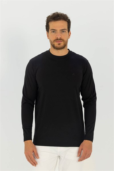 Siyah Bisiklet Yaka %100 Pamuk Sweatshirt