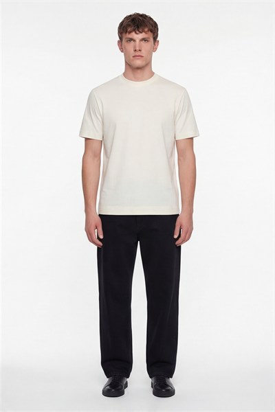 Erkek Açık Krem Normal Kesim Regular Fit %100 Pamuk Dokuma Bisiklet Yaka Basic T-Shirt