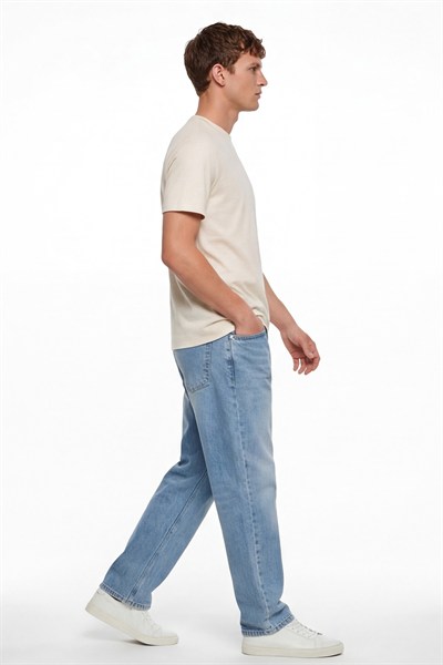 Erkek Açık Krem Normal Kesim Regular Fit %100 Pamuk Bisiklet Yaka Basic Tişört