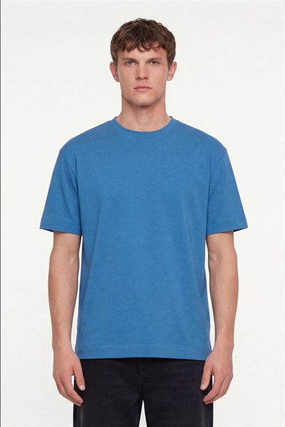 Erkek Açık Saks Normal Kesim Regular Fit %100 Pamuk Dokuma Bisiklet Yaka Basic T-Shirt