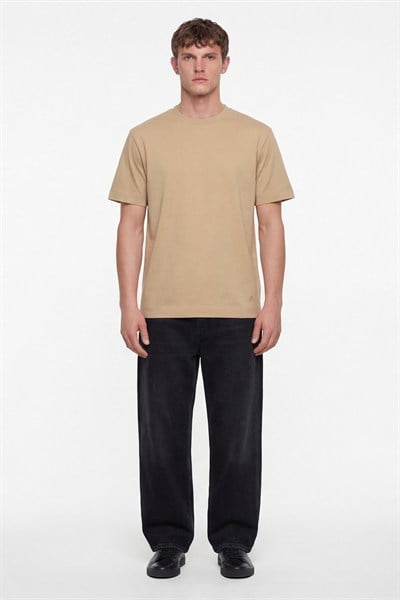 Erkek Bej Normal Kesim Regular Fit %100 Pamuk Dokuma Bisiklet Yaka Basic T-Shirt