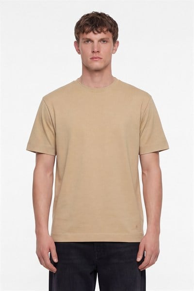 Erkek Bej Normal Kesim Regular Fit %100 Pamuk Dokuma Bisiklet Yaka Basic T-Shirt