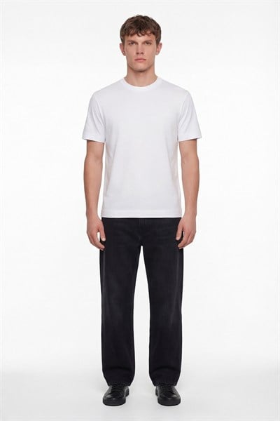 Erkek Beyaz Normal Kesim Regular Fit %100 Pamuk Dokuma Bisiklet Yaka Basic T-Shirt
