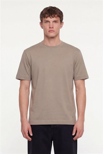 Erkek Camel Normal Kesim Regular Fit %100 Pamuk Dokuma Bisiklet Yaka Basic T-Shirt