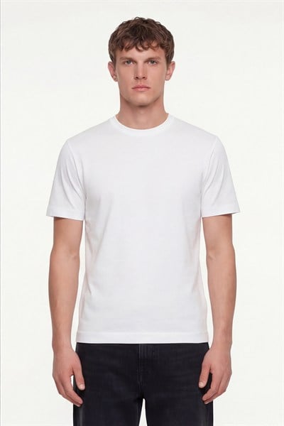 Erkek Ekru Normal Kesim Regular Fit %100 Pamuk Dokuma Bisiklet Yaka Basic T-Shirt