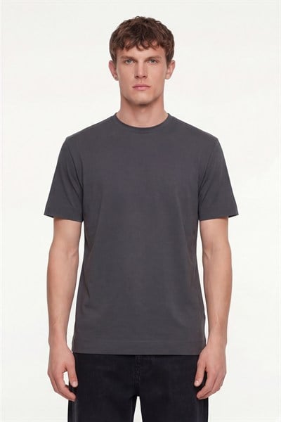 Erkek Füme Normal Kesim Regular Fit %100 Pamuk Dokuma Bisiklet Yaka Basic T-Shirt