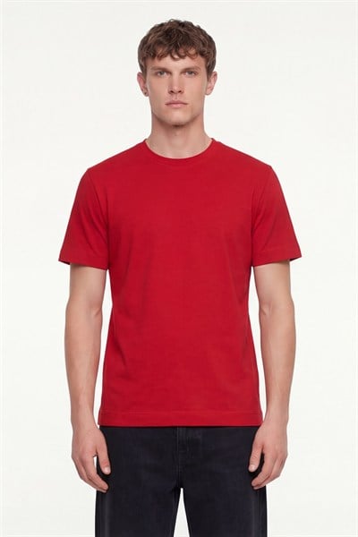 Erkek Kırmızı Normal Kesim Regular Fit %100 Pamuk Dokuma Bisiklet Yaka Basic T-Shirt