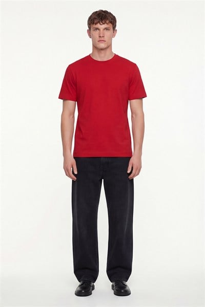 Erkek Kırmızı Normal Kesim Regular Fit %100 Pamuk Dokuma Bisiklet Yaka Basic T-Shirt