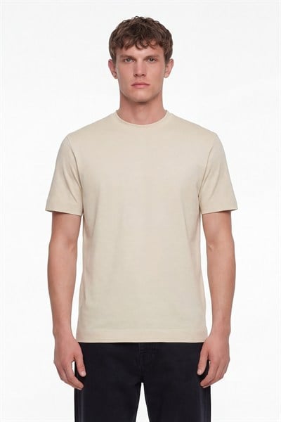Erkek Koyu Krem Normal Kesim Regular Fit %100 Pamuk Dokuma Bisiklet Yaka Basic T-Shirt