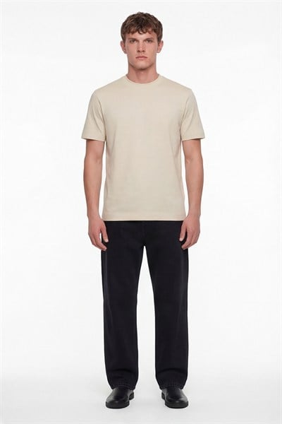 Erkek Koyu Krem Normal Kesim Regular Fit %100 Pamuk Dokuma Bisiklet Yaka Basic T-Shirt