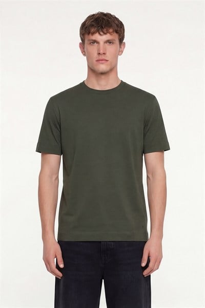 Erkek Koyu Yeşil Normal Kesim Regular Fit %100 Pamuk Dokuma Bisiklet Yaka Basic T-Shirt