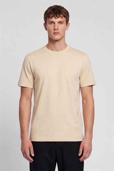 Erkek Krem Normal Kesim Regular Fit %100 Pamuk Bisiklet Yaka Basic Tişört