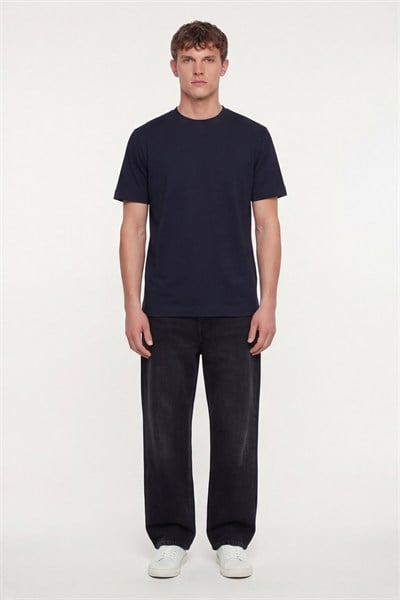 Erkek Lacivert Normal Kesim Regular Fit %100 Pamuk Dokuma Bisiklet Yaka Basic T-Shirt