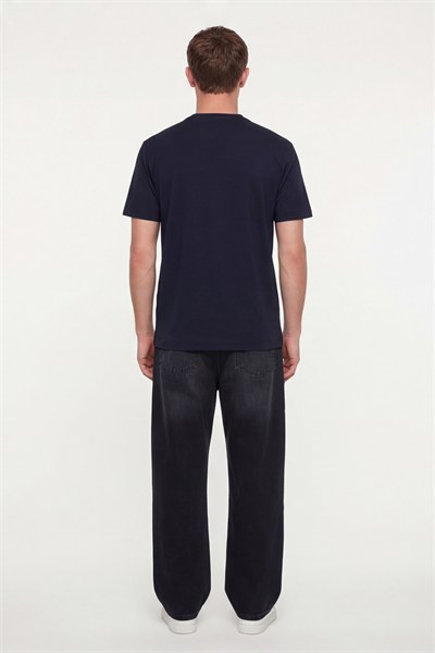Erkek Lacivert Normal Kesim Regular Fit %100 Pamuk Dokuma Bisiklet Yaka Basic T-Shirt