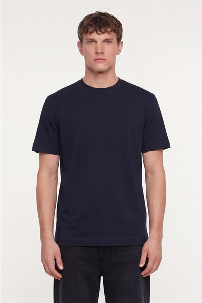 Erkek Lacivert Normal Kesim Regular Fit %100 Pamuk Dokuma Bisiklet Yaka Basic T-Shirt
