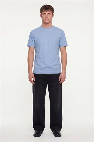 Erkek Mavi Normal Kesim Regular Fit %100 Pamuk Dokuma Bisiklet Yaka Basic T-Shirt