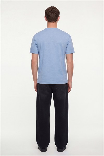 Erkek Mavi Normal Kesim Regular Fit %100 Pamuk Dokuma Bisiklet Yaka Basic T-Shirt