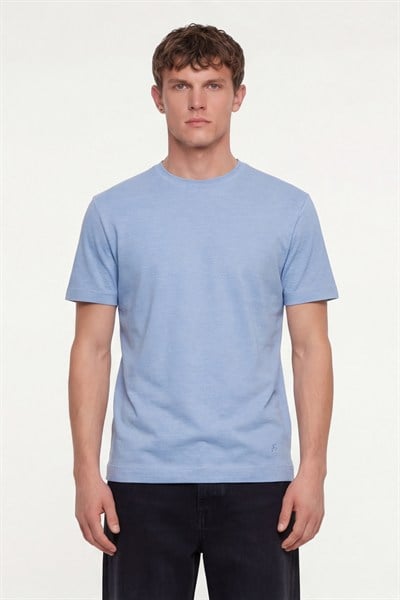 Erkek Mavi Normal Kesim Regular Fit %100 Pamuk Dokuma Bisiklet Yaka Basic T-Shirt