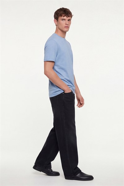 Erkek Mavi Normal Kesim Regular Fit %100 Pamuk Dokuma Bisiklet Yaka Basic T-Shirt