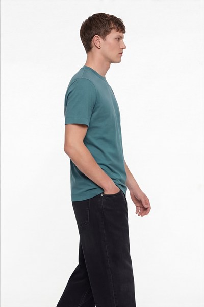 Erkek Petrol Normal Kesim Regular Fit %100 Pamuk Dokuma Bisiklet Yaka Basic T-Shirt
