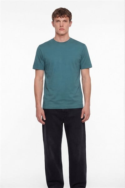 Erkek Petrol Normal Kesim Regular Fit %100 Pamuk Dokuma Bisiklet Yaka Basic T-Shirt