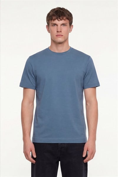 Erkek Pilot Mavi Normal Kesim Regular Fit %100 Pamuk Dokuma Bisiklet Yaka Basic T-Shirt