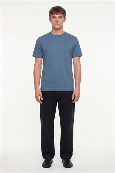 Erkek Pilot Mavi Normal Kesim Regular Fit %100 Pamuk Dokuma Bisiklet Yaka Basic T-Shirt