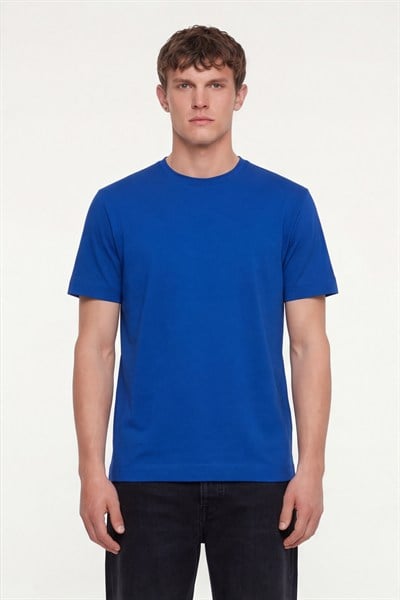Erkek Saks Mavi Normal Kesim Regular Fit %100 Pamuk Dokuma Bisiklet Yaka Basic T-Shirt