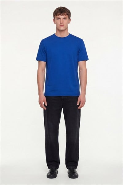 Erkek Saks Mavi Normal Kesim Regular Fit %100 Pamuk Dokuma Bisiklet Yaka Basic T-Shirt