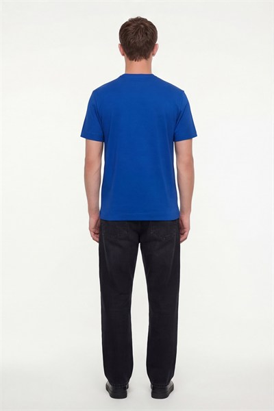 Erkek Saks Mavi Normal Kesim Regular Fit %100 Pamuk Dokuma Bisiklet Yaka Basic T-Shirt