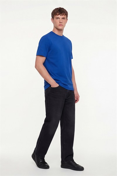 Erkek Saks Mavi Normal Kesim Regular Fit %100 Pamuk Dokuma Bisiklet Yaka Basic T-Shirt