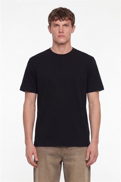 Erkek Siyah Normal Kesim Regular Fit %100 Pamuk Dokuma Bisiklet Yaka Basic T-Shirt