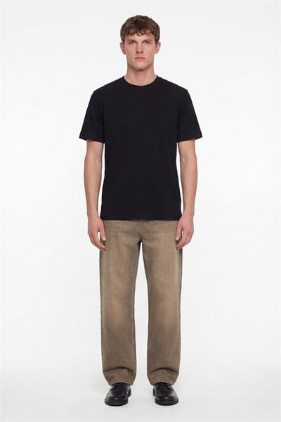 Erkek Siyah Normal Kesim Regular Fit %100 Pamuk Dokuma Bisiklet Yaka Basic T-Shirt