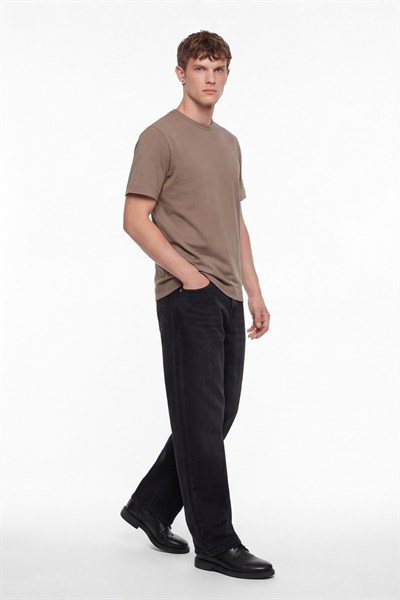 Erkek Taba Normal Kesim Regular Fit %100 Pamuk Dokuma Bisiklet Yaka Basic T-Shirt