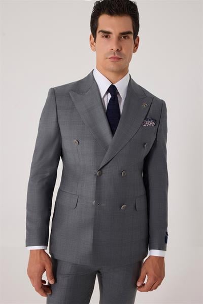 Erkek Açık Antrasit Dar Kesim Slim Fit Yünlü Ekose Fleto Kapaklı Cep Çift Yırtmaçlı Kruvaze Yaka 6 Drop Takım Elbise