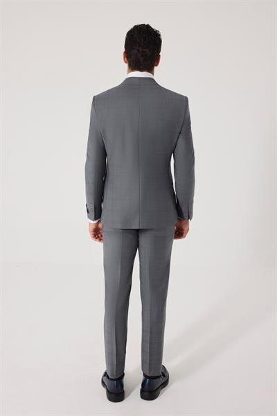 Erkek Açık Antrasit Dar Kesim Slim Fit Yünlü Ekose Fleto Kapaklı Cep Çift Yırtmaçlı Kruvaze Yaka 6 Drop Takım Elbise
