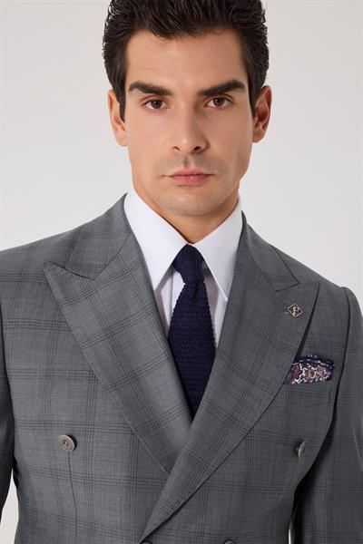 Erkek Açık Antrasit Dar Kesim Slim Fit Yünlü Ekose Fleto Kapaklı Cep Çift Yırtmaçlı Kruvaze Yaka 6 Drop Takım Elbise