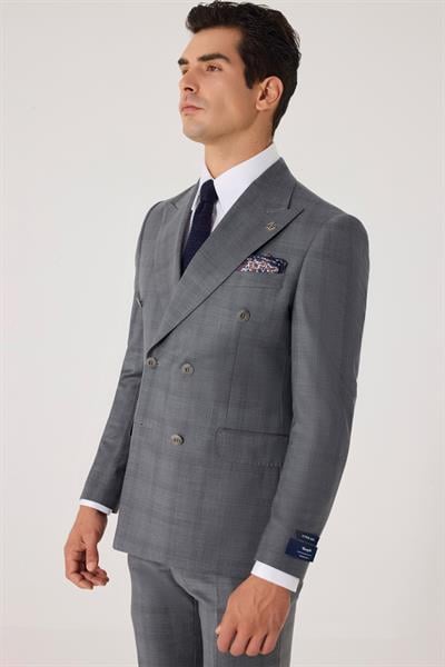 Erkek Açık Antrasit Dar Kesim Slim Fit Yünlü Ekose Fleto Kapaklı Cep Çift Yırtmaçlı Kruvaze Yaka 6 Drop Takım Elbise