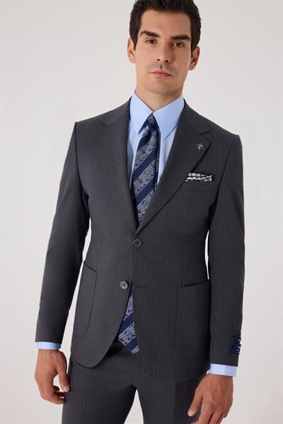Erkek Gri Dar Kesim Slim Fit %100 Yün Mono Yaka Çizgili Çift Yırtmaçlı 6 Drop Takım Elbise