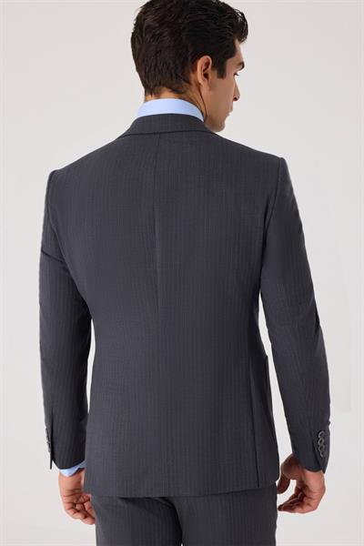 Erkek Gri Dar Kesim Slim Fit %100 Yün Mono Yaka Çizgili Çift Yırtmaçlı 6 Drop Takım Elbise