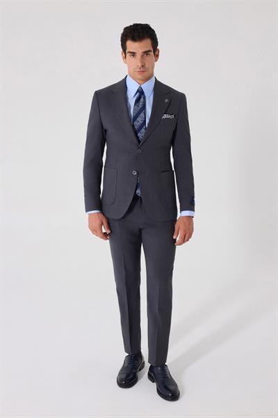 Erkek Gri Dar Kesim Slim Fit %100 Yün Mono Yaka Çizgili Çift Yırtmaçlı 6 Drop Takım Elbise