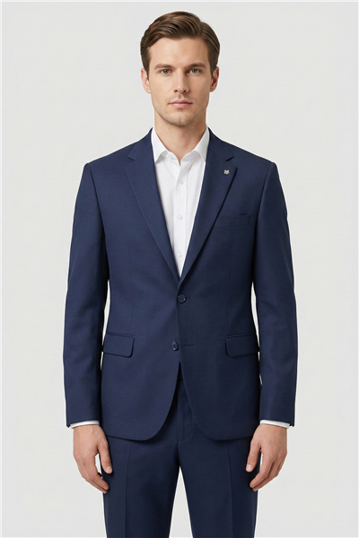 Erkek Lacivert Comfort Fit Armürlü Mono Yaka Kemerli Takım Elbise