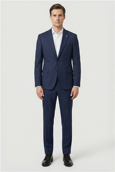 Erkek Lacivert Comfort Fit Armürlü Mono Yaka Kemerli Takım Elbise