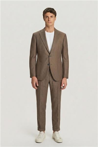 Erkek Kiremit Slim Fit Diyagonal Desenli Sivri Yaka Kordonlu Takım Elbise