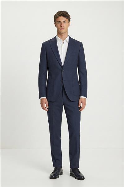 Erkek Koyu Lacivert Slim Fit Sivri Yaka Diyagonal Desenli 6 Drop Tam Astarlı Takım Elbise