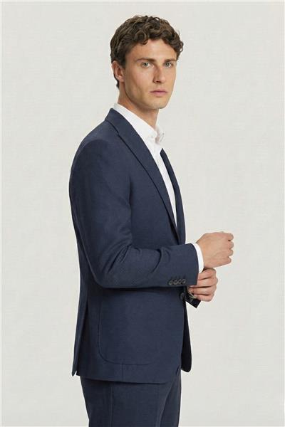 Erkek Koyu Lacivert Slim Fit Sivri Yaka Diyagonal Desenli 6 Drop Tam Astarlı Takım Elbise