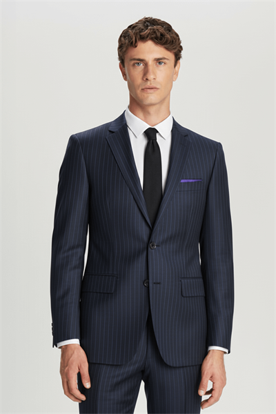 Siyah Regular Fit %100 Yün Çizgili Mono Yaka Takım Elbise