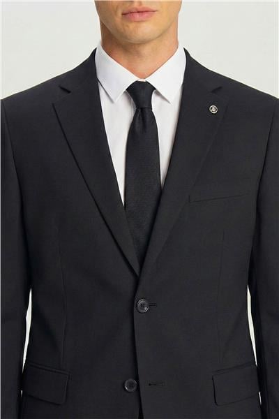 Erkek Siyah Comfort Fit Armürlü Mono Yaka Kemerli Takım Elbise
